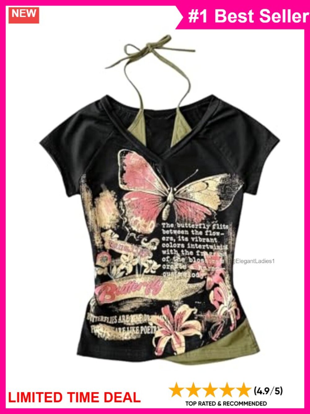 Y2K Grunge Graphic Halter Tee 2-in-1 Short Sleeve Slim Fit T-Shirt